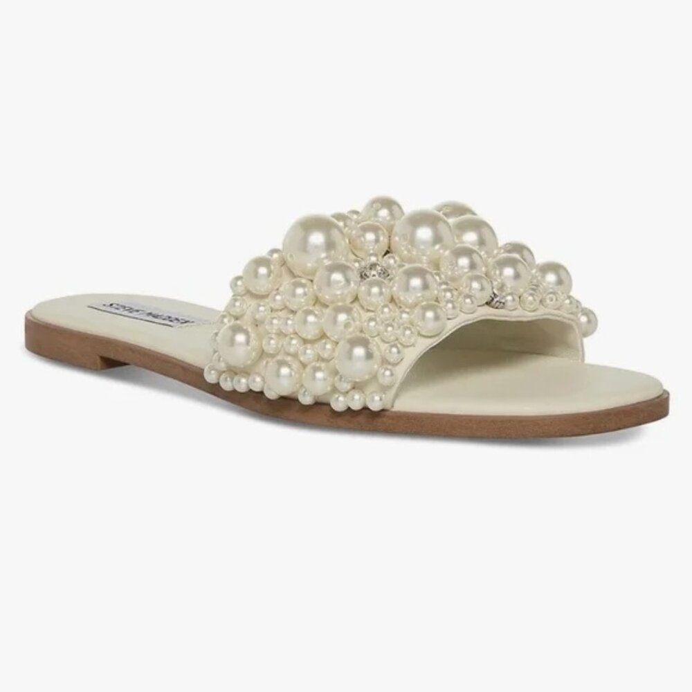 Steve Madden Women's Knicky Embellished Pearl White Slide Sandals